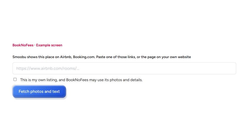 O formulário do BookNoFees para adicionar fotos e uma descrição a partir do link de um anúncio já existente