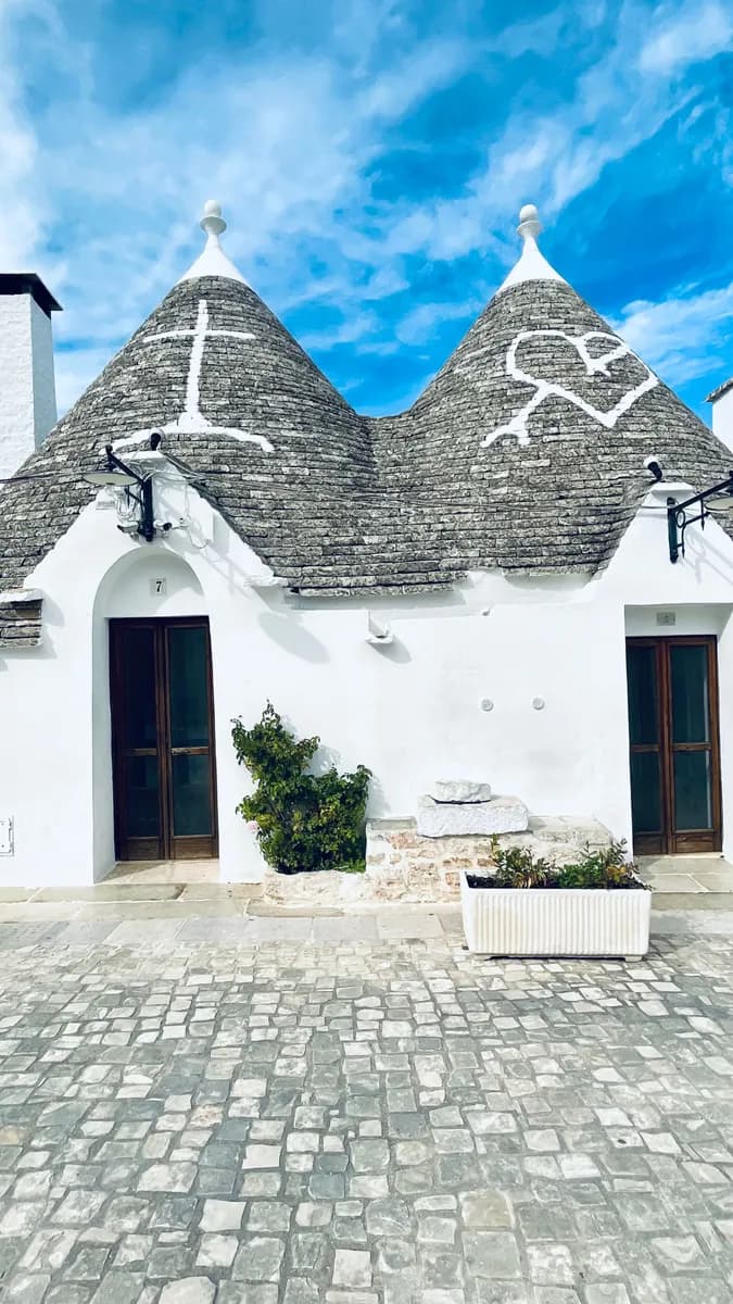 BookNoFees Imagem de exemplo: Trulli brancos com telhados cônicos de pedra e pequenas portas de entrada