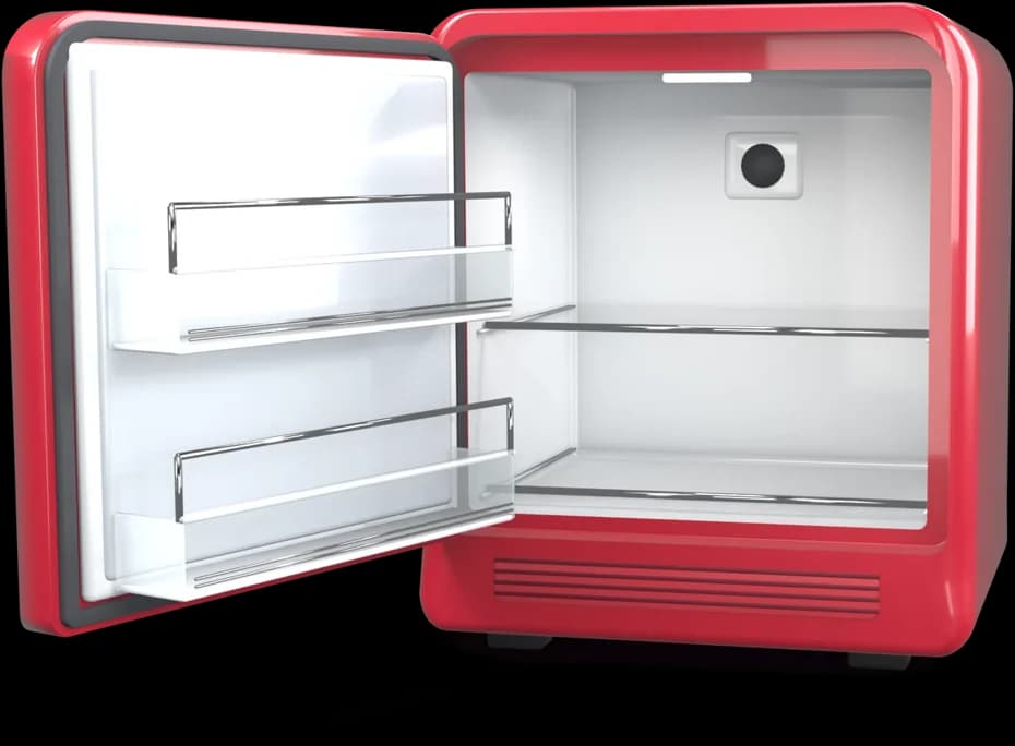 Minibar do BookNoFees: aberto e vazio, pronto para ser abastecido