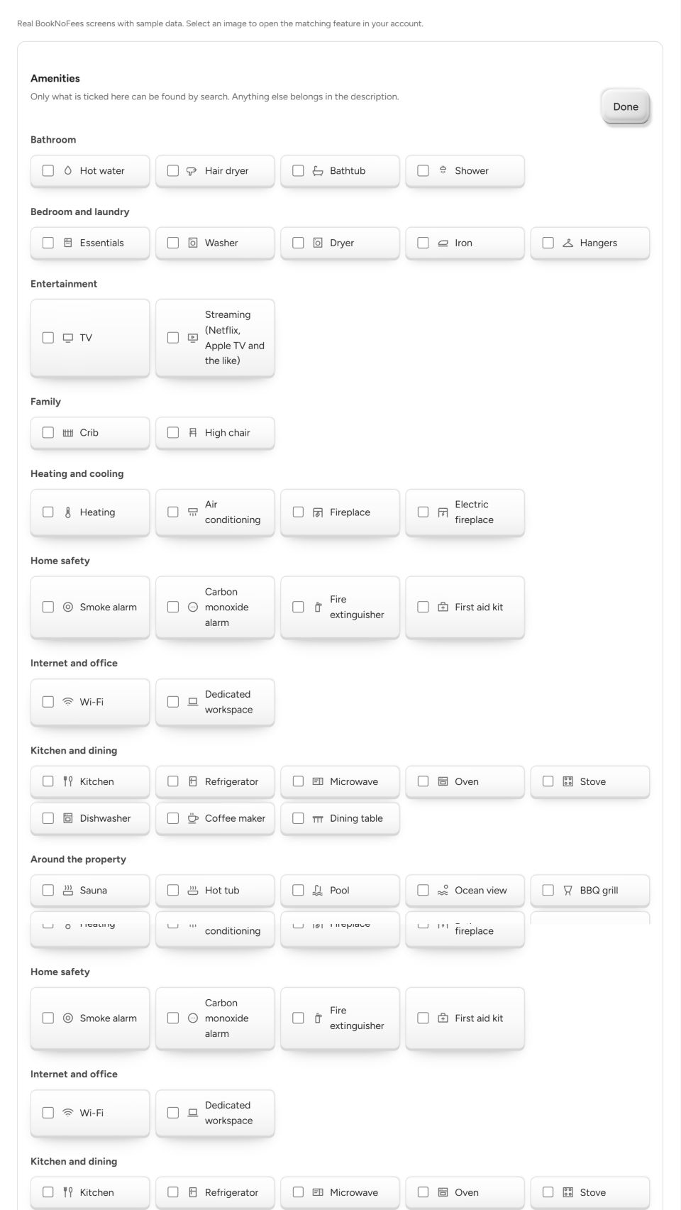 Interface do BookNoFees: Conveniências por categoria