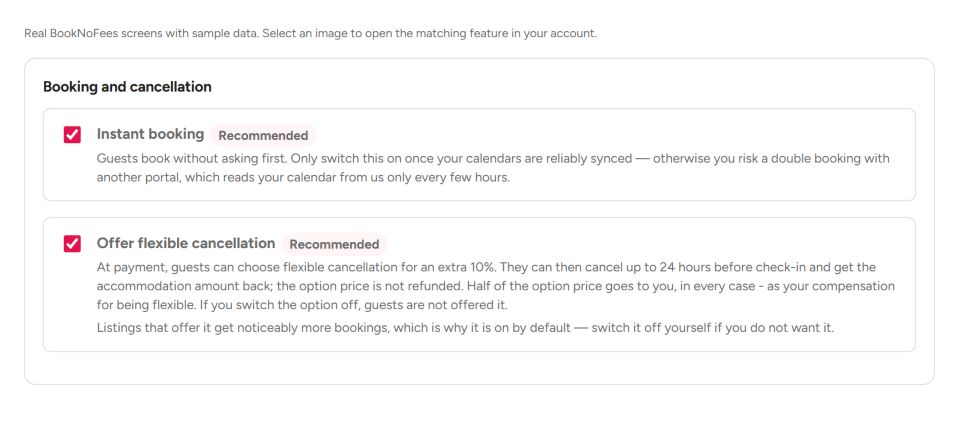 Interface do BookNoFees: Reserva imediata e cancelamento flexível
