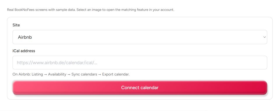 Interface do BookNoFees: Conectar outros calendários