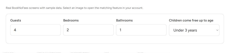 Interface do BookNoFees: Hóspedes, quartos e banheiros