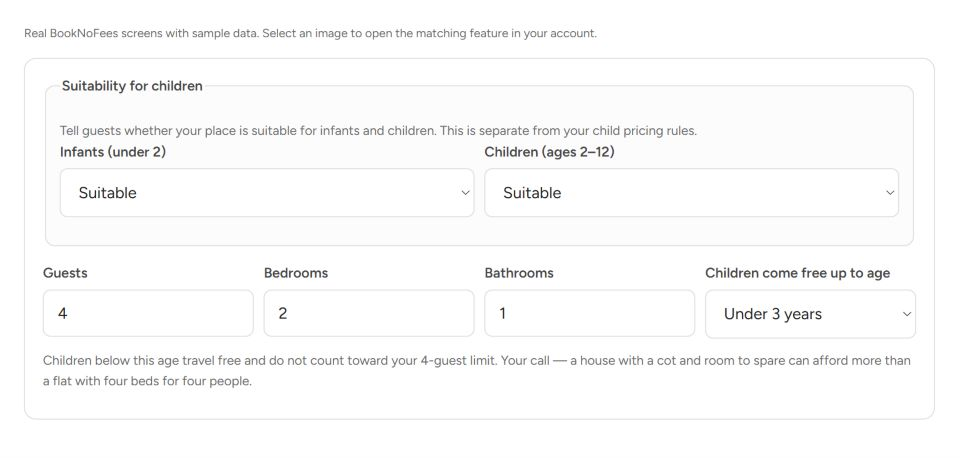 Interface do BookNoFees: Bebês e crianças