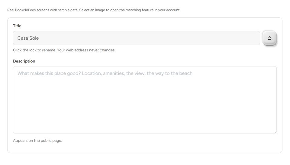 Interface do BookNoFees: Título e descrição