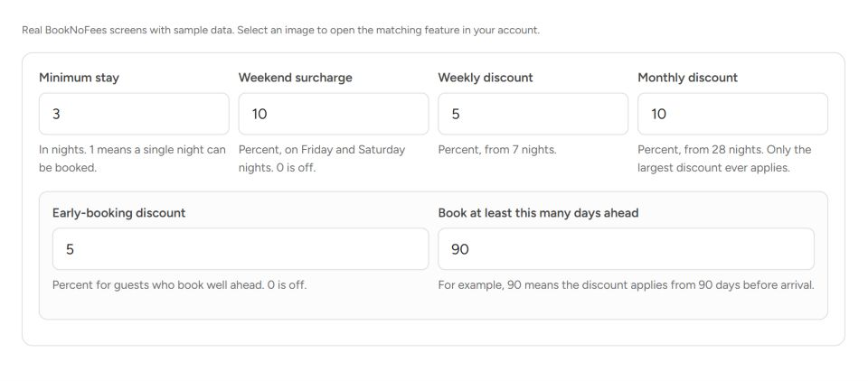 Interface do BookNoFees: Descontos semanais, mensais e por reserva antecipada