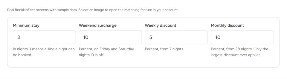 Interface do BookNoFees: Estadia mínima e fins de semana
