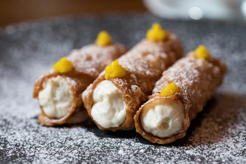 BookNoFees: Fotografia ilustrativa: Cannoli com recheio cremoso e açúcar em pó